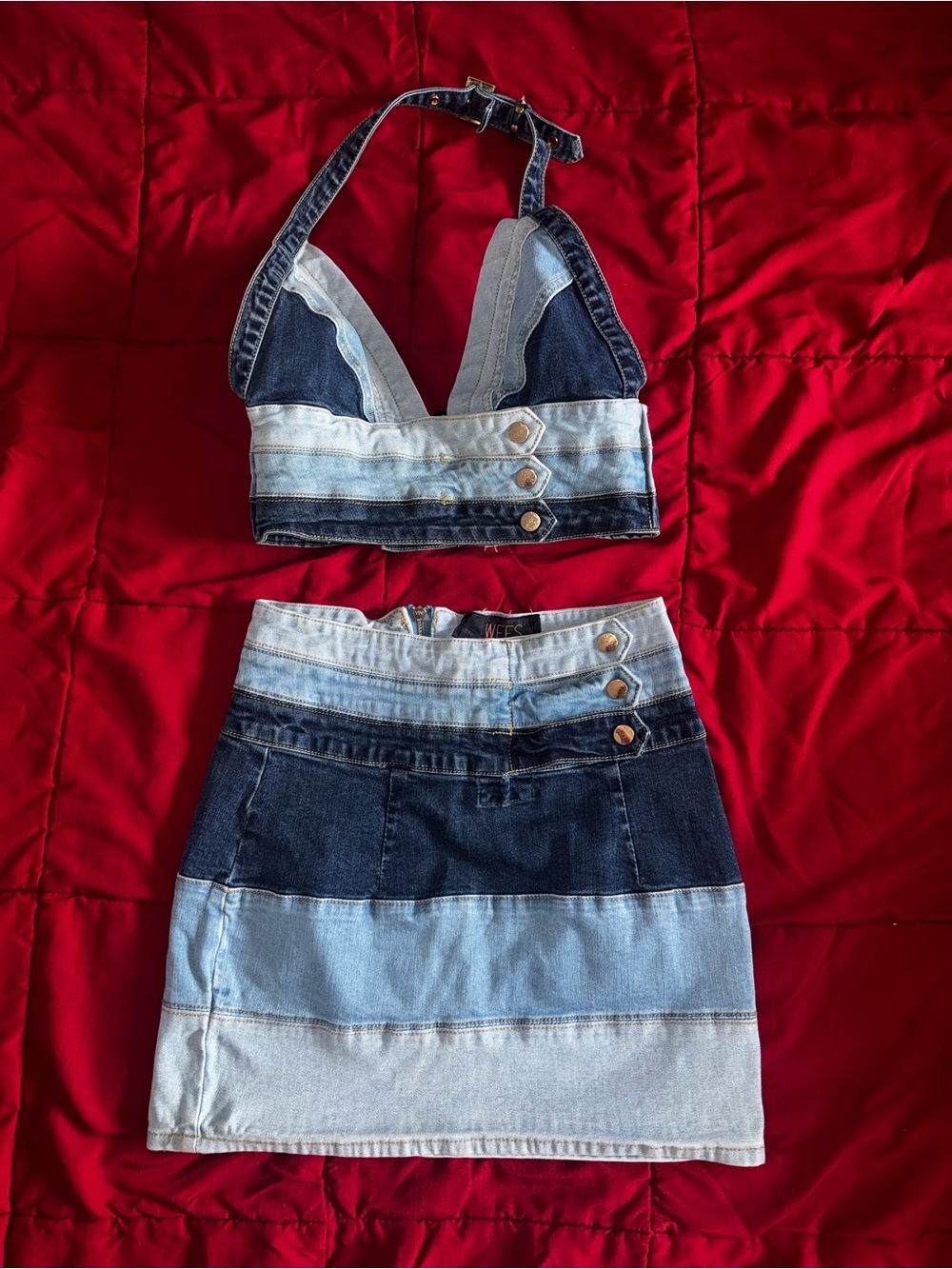 WFFS Striped Denim Halter Mini Dress Set - Blue